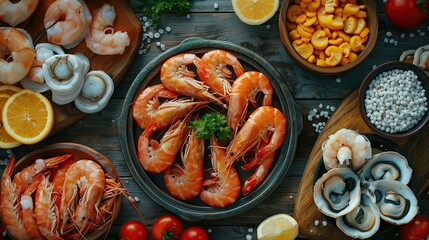 Various seafood displayed on table for delicious recipes