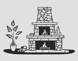 Monochrome image, stone fireplace with wood and fire, vector cartoon