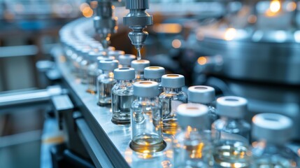 Medical vials on production line at pharmaceutical factory, Pharmaceutical machine working pharmaceutical glass bottles production line, health care, pandemic.