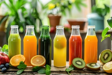 Bottles with various healthy and freshly squeezed juices store table