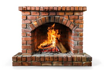 Brick home fireplace with a burning fire inside isolated on white background