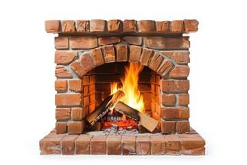 Brick home fireplace with a burning fire inside isolated on white background - obrazy, fototapety, plakaty