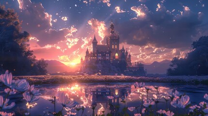A castle is reflected in a body of water, with a sunset in the background - obrazy, fototapety, plakaty