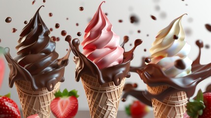 set of Chocolate, vanilla and strawberry splash of Ice cream cone flavor with clipping path, 3d, dessert, sweet, food, ice cream, delicious