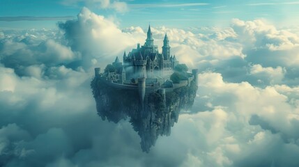 Obraz premium A castle is floating in the sky above a cloudy backdrop