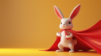 3D image of a cute rabbit as a superhero, sporting a vibrant red cape, minimal background, moody lighting