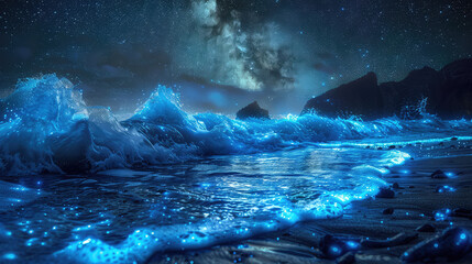 Stunning scene of glowing blue bioluminescent waves crashing onto a dark beach beneath a vast starry night sky.