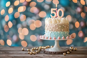 Cake with candles with the number 50 on a beautiful background. anniversary birthday background