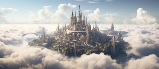 A castle in the clouds overlooking a cityscape, with cumulus clouds in the sky - obrazy, fototapety, plakaty