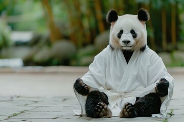 Calm looking panda simple white clothes, sitting on ground in lotus like position. Zen meditation concept