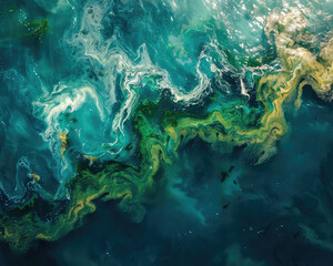 Fototapeta na wymiar An abstract fluid art painting mesmerizes viewers with its swirl of blue and green, resembling either marble or a natural aerial view of Earth's waters.