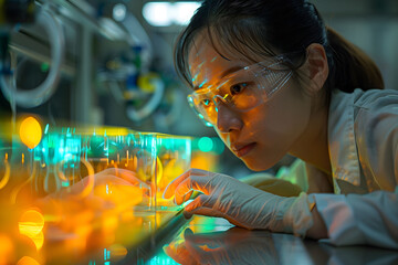 Scientist inspects flexible solar cell technology in a lab, her focus intense as she examines innovations that could revolutionize renewable energy.
