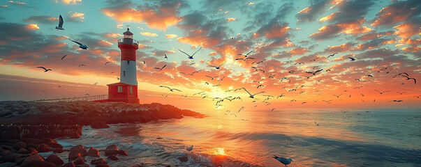 Seagulls gracefully circle a lighthouse on the shore, bathed in the radiant light of a vibrant sunrise over the ocean. - obrazy, fototapety, plakaty