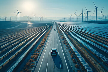 A car journeys along a highway flanked by extensive solar panels, with wind turbines lining the horizon, symbolizing a future of sustainable travel and renewable energy.