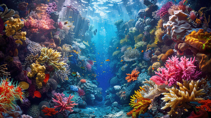 Obraz na płótnie Canvas A sunlit coral reef bustling with life presents a vibrant underwater scene, with a multitude of tropical fish swimming among colorful corals.