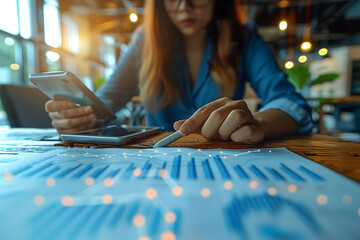 Close-up of a businesswoman's hands reviewing financial charts on a tablet, with a smartphone in hand, in a well-lit office space