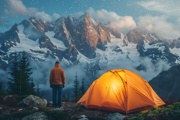 A solitary figure stands before a glowing tent, gazing at a majestic mountain range under a star-studded sky, encapsulating the spirit of adventure and the great outdoors