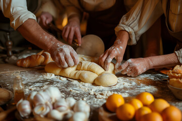 Hands of a family come together in a rustic kitchen, shaping and braiding bread dough, a scene that evokes the warmth of tradition and shared culinary craft.