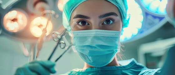 Surgical nurse preparing sterile tools, focus sharp with operating room blurred