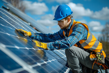 Solar Technician Inspecting and Maintaining Photovoltaic Panels