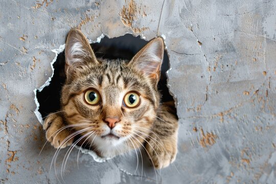 Cat with shocked surprised expression peeking through hole in cracked wall hole