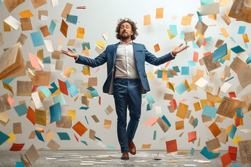 A young businessman in a suit appears to levitate amidst a chaotic swirl of flying papers, suggesting a metaphor for the dynamic and often tumultuous world of business and information.