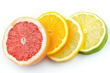 Citrus fruit slices isolated on white background. Grapefruit, orange, lemon and lime