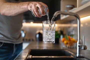 man hand filling a glass of water directly from the tap. Filling glass of water from the tap at home - obrazy, fototapety, plakaty