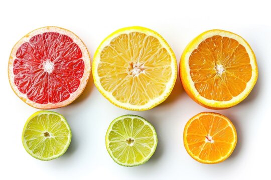 Citrus fruit slices isolated on white background. Grapefruit, orange, lemon and lime