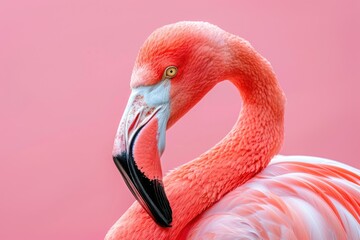 Close up portrait of a beautiful pink flamingo sideways Isolated on solid pink background
