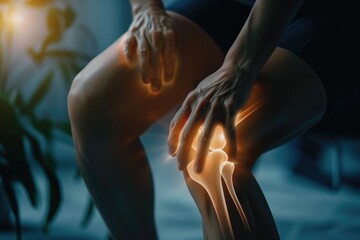 Highlighted knee pain in 3D under dramatic lighting, perfect visual for chiropractic adverts - obrazy, fototapety, plakaty