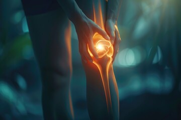 Knee in 3D agony, spotlighted by moody lighting, tailored for chiropractic care marketing - obrazy, fototapety, plakaty
