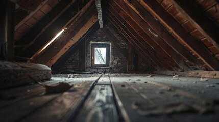 A frame in the attic of an old house, revealing secrets, attic contents softly blurred - obrazy, fototapety, plakaty