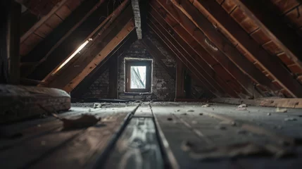 Fototapeten A frame in the attic of an old house, revealing secrets, attic contents softly blurred © Anuwat