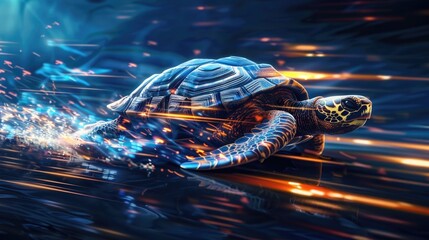 Moody 3D depiction of a turtle in turbo mode, light trails marking its swift movement