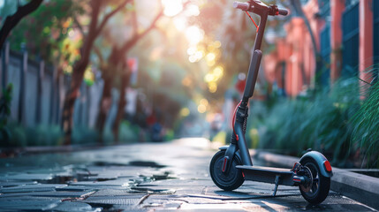 A sleek electric scooter parked, with its removable battery beside it, urban setting softly blurred - obrazy, fototapety, plakaty