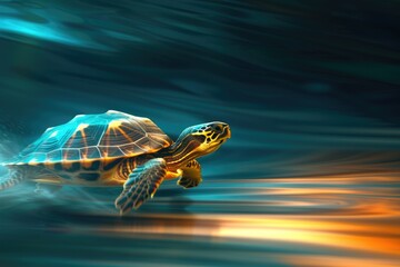 Turtle at turbo speed in 3D, its path lit with a dramatic, moody lighting scheme - obrazy, fototapety, plakaty