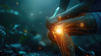 3D knee wrapped in pain signals, with moody lighting, ideal for chiropractic service advertising - obrazy, fototapety, plakaty