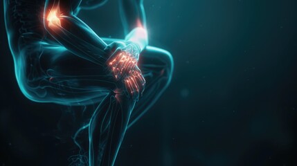 3D knee wrapped in pain signals, with moody lighting, ideal for chiropractic service advertising