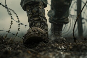 A soldiers muddy boots pacing near barbed wire, depicted in 3D under grim, moody lighting - obrazy, fototapety, plakaty