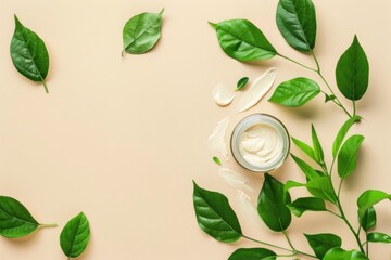 Cosmetic cream in jar with green leaves on color pastel background, copy space for text