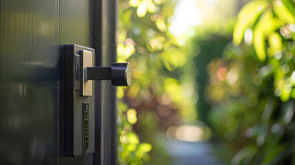 Close-up of a solar-powered smart lock on a home door, security interface blurred - obrazy, fototapety, plakaty