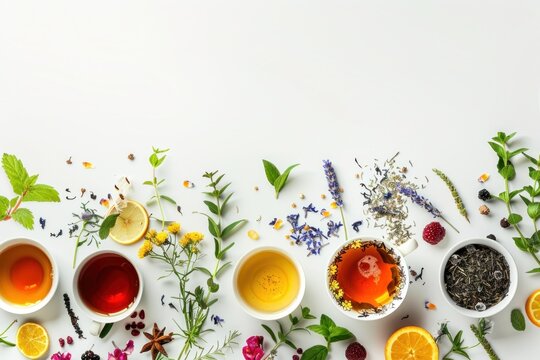 Creative layout made of cup of tea, green tea, black tea, fruit and herbal, tea on white background