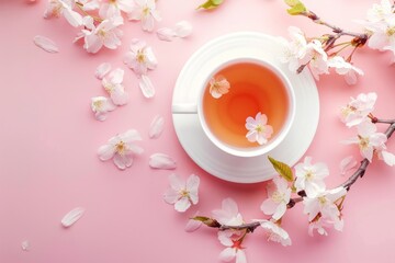 Obraz na płótnie Canvas Cup of tea with cherry blossom on pink background