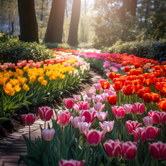 Rows of colorful tulips in a garden. 