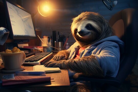 Flexible Sloth freelancer. Nature cute animal. Generate Ai