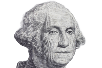 George Washington as president on the obverse of a one dollar bill with transparent background.