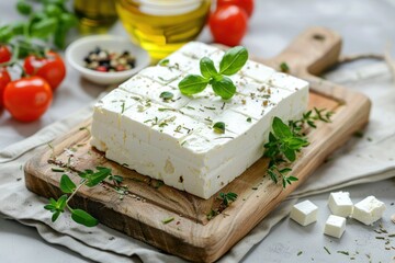 Cutting board with tasty feta cheese and herbs on table in kitchen