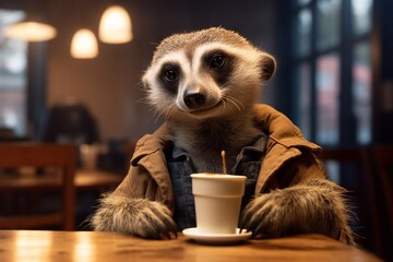 Anthropomorphic meerkat drinking coffe