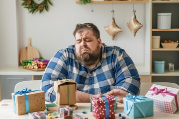 overweight man sitting on the bright modern kitchen table with sweet packages - obrazy, fototapety, plakaty